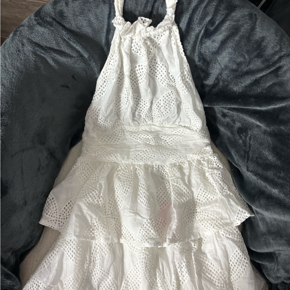 Hello Molly size 4 white eyelet halter neck tiered mini dress